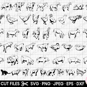 May include: A set of 40 black and white line art SVG cut files featuring various farm animals, including chickens, ducks, pigs, cows, horses, and donkeys. The files are perfect for crafting projects, scrapbooking, and more.