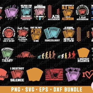 May include: A set of 20 digital designs featuring colorful illustrations of accordions with various text overlays. The text includes phrases like "I Destroy Silence", "Accordions are my Therapy", and "Start the Party, the Accordion Player is Here".