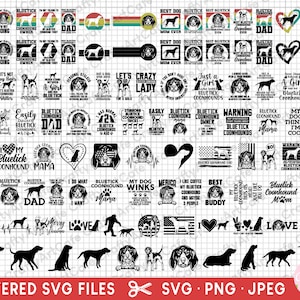 以下が含まれることがあります： ブルーチック・クーンハウンドの犬の白黒イラストをフィーチャーした、さまざまなデザインのレイヤー化されたSVGファイルのデジタルダウンロード。デザインには、「ブルーチック・クーンハウンド」、「最高の犬のママ」、「私の犬は私がかっこいいと思っている」、「ブルーチック・クーンハウンドが大好きな女の子だけ」などのフレーズが含まれています。