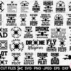 Puede incluir: Una colección de archivos de corte SVG en blanco y negro con temática de drones. Los diseños incluyen siluetas de drones, frases como "Drone Pilot" y refranes humorísticos. Formatos: SVG, PNG, JPEG, EPS y DXF.