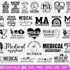 Puede incluir: Una descarga digital de 20 archivos SVG en blanco y negro con varios diseños relacionados con asistentes médicos. Los diseños incluyen frases como "Asistente médico", "Los superhéroes usan batas", "Paz Amor Asistente médico" y "Los asistentes médicos son mágicos".
