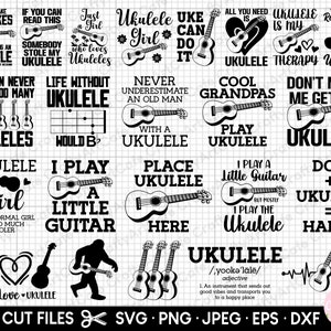 May include: A set of 20 black and white SVG cut files featuring ukulele-themed designs. The designs include phrases like "Ukulele Girl", "Life Without Ukulele Would Be", "Cool Grandpas Play Ukulele", and "Dog + Ukulele = Happy".