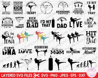May include: A set of 20 layered SVG files featuring various designs related to kickboxing. The designs include text such as "Kickboxing is my therapy", "Kickboxing Dad", "It's in my DNA", "Kickboxing Mom", and "Hit like a girl".