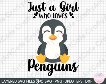 Puede incluir: Gráfico digital con un pingüino de dibujos animados y el texto "Just a Girl who loves Penguins". El pingüino es gris, negro y amarillo, con los ojos cerrados y mejillas rosadas. Ideal para proyectos de manualidades.