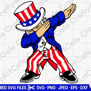 May include: A cartoon illustration of Uncle Sam doing the 'dab' dance. He is wearing a blue jacket, red and white striped pants, and a red, white, and blue top hat.
