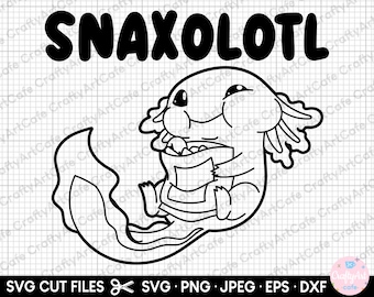 Könnte beinhalten: Schwarz-weißes SVG-Schnittdateidesign mit dem Text "SNAXOLOTL" über einem Cartoon-Axolotl, das einen Snack hält. Enthält die Dateiformate: SVG, PNG, JPEG, EPS und DXF. Ideal für Bastelprojekte.