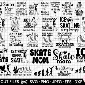 May include: A collection of 20 black and white SVG cut files featuring ice skating themed designs. The designs include text such as "Skater Mom", "Just a Girl Who Loves Ice Skating", "Ice Skating is My Therapy", and "Have an Ice Day".