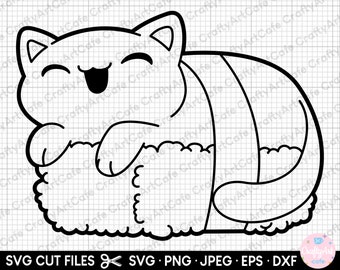 May include: A black and white line drawing of a cartoon cat curled up inside a sushi roll. The cat has a big smile and closed eyes.