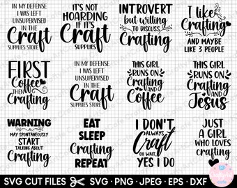 Pode incluir: Um conjunto de 10 arquivos de corte SVG para artesanato. Os arquivos apresentam várias citações com tema de artesanato, incluindo "Eu gosto de artesanato e talvez 3 pessoas", "Esta garota funciona com artesanato e café", e "Comer, dormir, fazer artesanato, repetir".