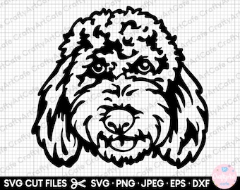 May include: Black and white silhouette of a doodle dog with curly fur, a long snout, and a happy expression.