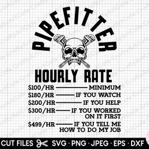 May include: Black and white graphic design with the text "Pipefitter Hourly Rate" and a skull with crossed wrenches. The graphic lists hourly rates with descriptions such as "Minimum", "If you watch", "If you help", "If you worked on it first", and "If you tell me how to do my job".