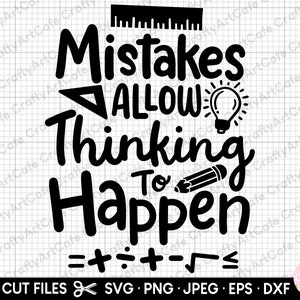 Pode incluir: Design gráfico em preto e branco com o texto "Mistakes Allow Thinking To Happen" com uma régua, uma lâmpada, um lápis e símbolos matemáticos.