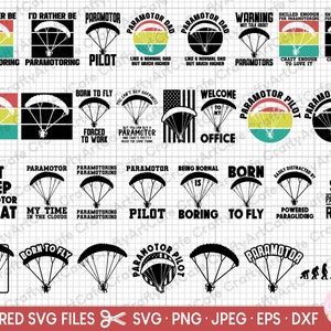 May include: A set of 24 layered SVG files for crafting and design. The files feature various designs related to paramotoring, including a paramotor pilot, a paramotor dad, and a paramotor warning sign. The designs are in black and white with a retro colour scheme.