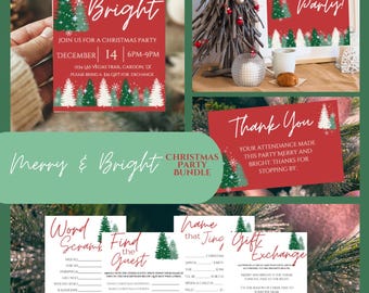May include: A Christmas party bundle featuring red cards with white text and green pine tree illustrations. Includes an invitation, welcome sign, thank you card, word scramble, find the guest, name that jingle, and gift exchange game cards.