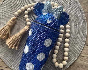 Disney Inspired, Minnie Mouse Inspired, Disney Gift, 16oz with straw, Mickey straw topper, rhinestones bling Minnie Mouse tumbler, Blue