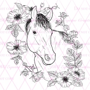 Horse Coloring Page Flowers Digital Download NEW SIZE