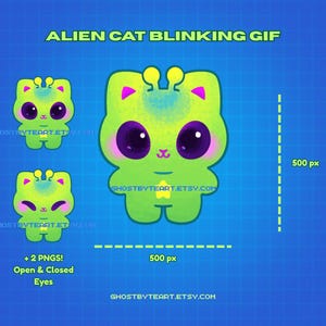 Puede incluir: Una ilustraci&oacute;n digital de un gato alien&iacute;gena de color verde lima con grandes ojos morados oscuros, mejillas rosadas y antenas amarillas. La imagen incluye el texto ALIEN CAT BLINKING GIF, dimensiones de 500 px y + 2 PNGS! Open & Closed Eyes.
