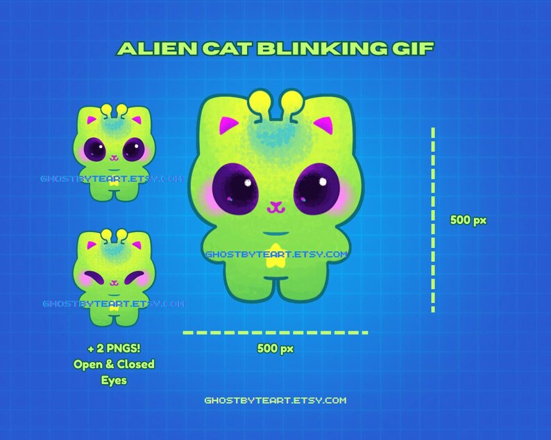 Puede incluir: Una ilustraci&oacute;n digital de un gato alien&iacute;gena de color verde lima con grandes ojos morados oscuros, mejillas rosadas y antenas amarillas. La imagen incluye el texto ALIEN CAT BLINKING GIF, dimensiones de 500 px y + 2 PNGS! Open & Closed Eyes.