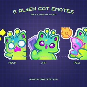 May include: Three alien cat emotes in a digital art style. The cats are green and blue with large eyes and antennae. Each emote has a different expression and text: "HELP", "YAP", and "PEW". The background is a dark blue grid.