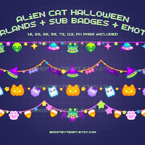 Puede incluir: Ilustración digital de guirnaldas de Halloween pixeladas con diseños de gato alienígena y sombrero de bruja. La imagen incluye sub insignias y emoticonos, con texto que indica archivos PNG en diferentes tamaños de píxeles. Fondo azul oscuro.