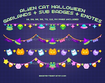 May include: Digital art featuring pixelated Halloween-themed garlands with alien cat and witch hat designs. The image includes various sub badges and emotes, with text indicating the inclusion of PNG files in different pixel sizes. The background is a dark blue.