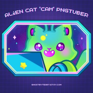 Op de afbeelding: Een groene alienkat met roze wangen en grote ogen zit voor een laptop. De kat zit in een raam van een ruimteschip met een paarse en blauwe sterrenhemel op de achtergrond. De tekst "ALIEN CAT 'CAM' PNGTUBER" staat bovenaan de afbeelding.