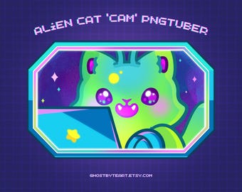 May include: A green alien cat with pink cheeks and large eyes is sitting in front of a laptop computer. The cat is in a spaceship window with a purple and blue starry background. The text "ALIEN CAT 'CAM' PNGTUBER" is at the top of the image.
