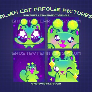 May include: Four digital illustrations of an alien cat with large eyes and a smiling expression. The cat is lime green with purple and pink accents. The text "ALIEN CAT PRFOLIE PICTURES" is at the top, and the Etsy shop URL is at the bottom.