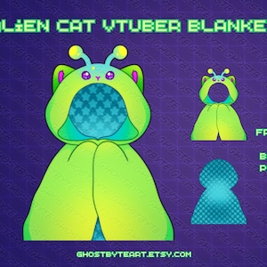Puede incluir: Una manta con capucha de gato alienígena verde y azul con un patrón de estrellas en el interior de la capucha. La manta se muestra en vista frontal y posterior. El texto "FRONT & BACK PNGS" es visible en la imagen.