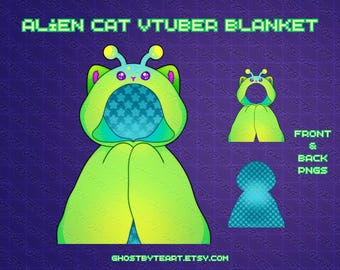 May include: A green and blue alien cat hooded blanket with a star pattern on the inside of the hood. The blanket is shown in both front and back views. The text "FRONT & BACK PNGS" is visible in the image.