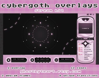 May include: Cybergoth stream overlays kit with a pink and black color scheme. The kit includes 1 overlay, 2 webcam frames, 8 unique transitions, and 12 loops. The text "ghostbyteart.etsy.com" is displayed on the bottom of the image.