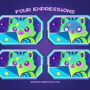 Alien Cat emotes vtuber pngtuber green kitty kawaii space anime chibi cartoon cat twitch streaming gamer girl