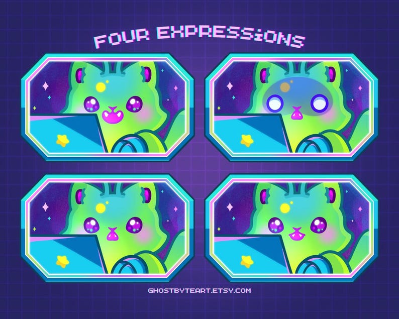 Alien Cat emotes vtuber pngtuber green kitty kawaii space anime chibi cartoon cat twitch streaming gamer girl