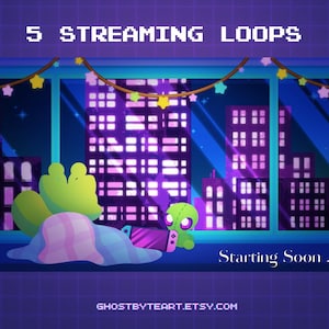 May include: Digital art featuring a cityscape at night with a window view. The image includes the text "5 Streaming Loops" and "Starting Soon...". Two cartoon characters are in the foreground, with a purple and blue color scheme.