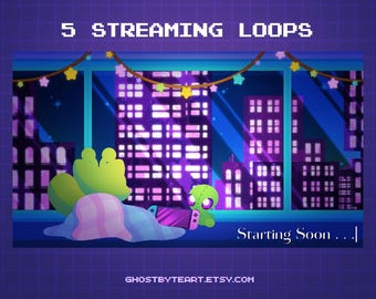 May include: Digital art featuring a cityscape at night with a window view. The image includes the text "5 Streaming Loops" and "Starting Soon...". Two cartoon characters are in the foreground, with a purple and blue color scheme.