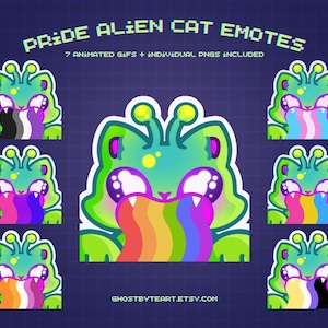 Może przedstawiać: Grafika cyfrowa z emotikonami Pride Alien Cat. Emotikony w stylu kreskówkowym są zielone i niebieskie, każda z innym wzorem flagi dumy. Tekst brzmi "Pride Alien Cat Emotes" i "7 Animated GIFs + Individual PNGs Included." Tło jest ciemnoniebieskie.