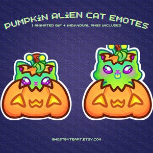 May include: Animated digital sticker featuring a green alien cat wearing a pumpkin costume. The cat has large eyes, a small mouth, and a green leaf on its head. The pumpkin is orange with a yellow face and a green stem.