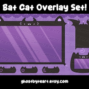 Puede incluir: Conjunto de superposición morado y negro para streaming con un diseño de gato-murciélago. El conjunto incluye un marco grande, dos marcos más pequeños y tres botones con iconos de corazón, estrella y luna.