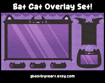 May include: Purple and black overlay set for streaming with a bat cat design. The set includes a large frame, two smaller frames, and three buttons with heart, star, and moon icons.