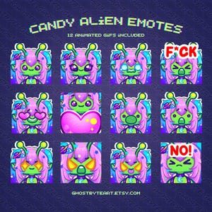 Candy Alien Girl Animated Emotes: Chibi Gamer Sub Badges (Digital Download)