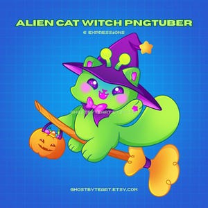 Puede incluir: Una ilustración digital de un gato alienígena brujo verde con un sombrero morado con detalles de estrella y antena amarillas, montado en una escoba mientras sostiene un cubo de calabaza naranja. Texto: ALIEN CAT WITCH PNGTUBER 6 EXPRESSIONS.