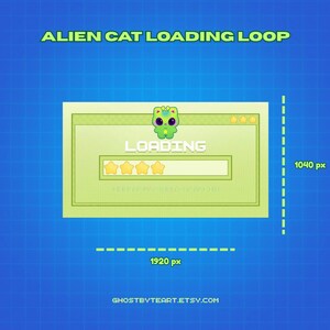 Puede incluir: Un gr&aacute;fico digital titulado ALIEN CAT LOADING LOOP que presenta una ventana de color verde claro con un icono de gato alien&iacute;gena pixelado, la palabra LOADING y una barra de progreso con cuatro estrellas amarillas. Las dimensiones son 1920 px por 1040 px.