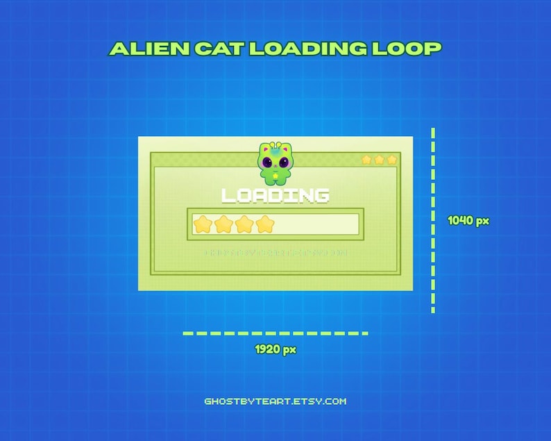 Puede incluir: Un gr&aacute;fico digital titulado ALIEN CAT LOADING LOOP que presenta una ventana de color verde claro con un icono de gato alien&iacute;gena pixelado, la palabra LOADING y una barra de progreso con cuatro estrellas amarillas. Las dimensiones son 1920 px por 1040 px.