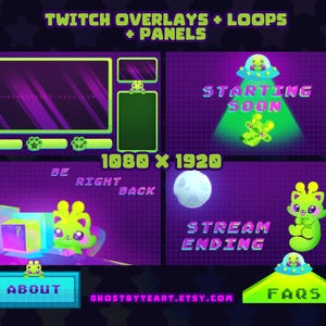 May include: Digital art graphic with a purple grid background. The image features Twitch overlays, loops, and panels with text that reads "Twitch Overlays + Loops + Panels", "Starting Soon", "Be Right Back", "Stream Ending", "About", and "FAQs".