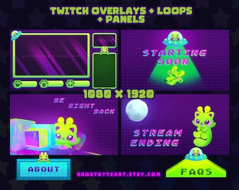 May include: A digital art graphic with a purple grid background. The image features Twitch overlays, loops, and panels with text that reads "Twitch Overlays + Loops + Panels", "Starting Soon", "Be Right Back", "Stream Ending", "About", and "FAQs".