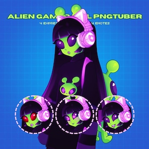 May include: Digital illustration of a green-skinned alien character wearing headphones and a black outfit. The image includes the text "ALIEN GAMER PNGTUBER" and "4 EXPRESSIONS 4 EMOTES". Three circular portraits show different facial expressions.