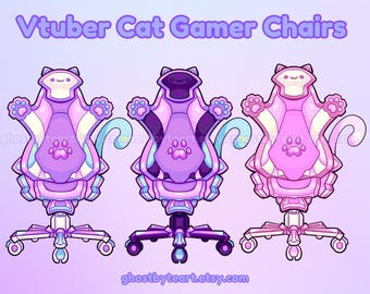 May include: Three cartoon cat-shaped gamer chairs in pink, purple, and black. Each chair has a paw print on the seat and a cat tail on the back. The chairs are on wheels and have a base with five spokes.