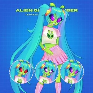 Puede incluir: Ilustración de una chica alienígena con largo cabello verde azulado, vistiendo una camiseta blanca con un logo alienígena verde y una falda rosa. La imagen incluye tres retratos más pequeños de la chica alienígena con diferentes expresiones. El texto en la parte superior dice "ALIEN GIRL CYBER".