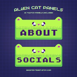 May include: Two green, cat-shaped Twitch panels with the words "ABOUT" and "SOCIALS" in pixelated purple text. The panels have cat ears and eyes. The background is a dark blue grid.