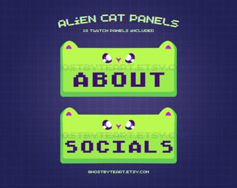 May include: Two green, cat-shaped Twitch panels with the words "ABOUT" and "SOCIALS" in pixelated purple text. The panels have cat ears and eyes. The background is a dark blue grid.